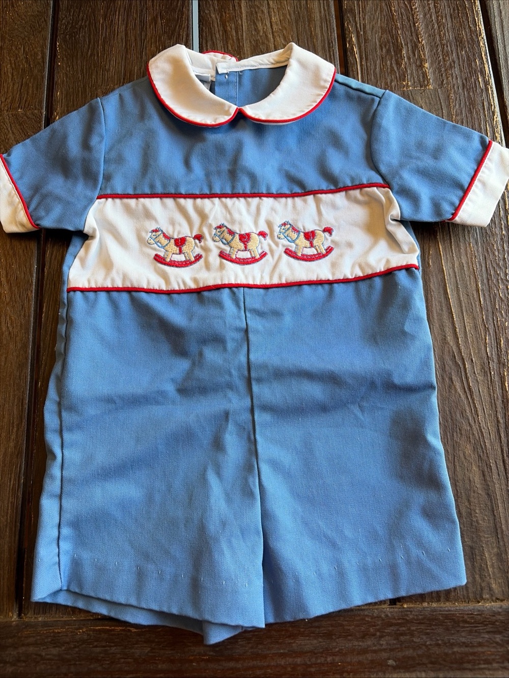 Vintage Toddler Tyke Boys Romper 2T Blue Red White Embroidered Rocking Horse